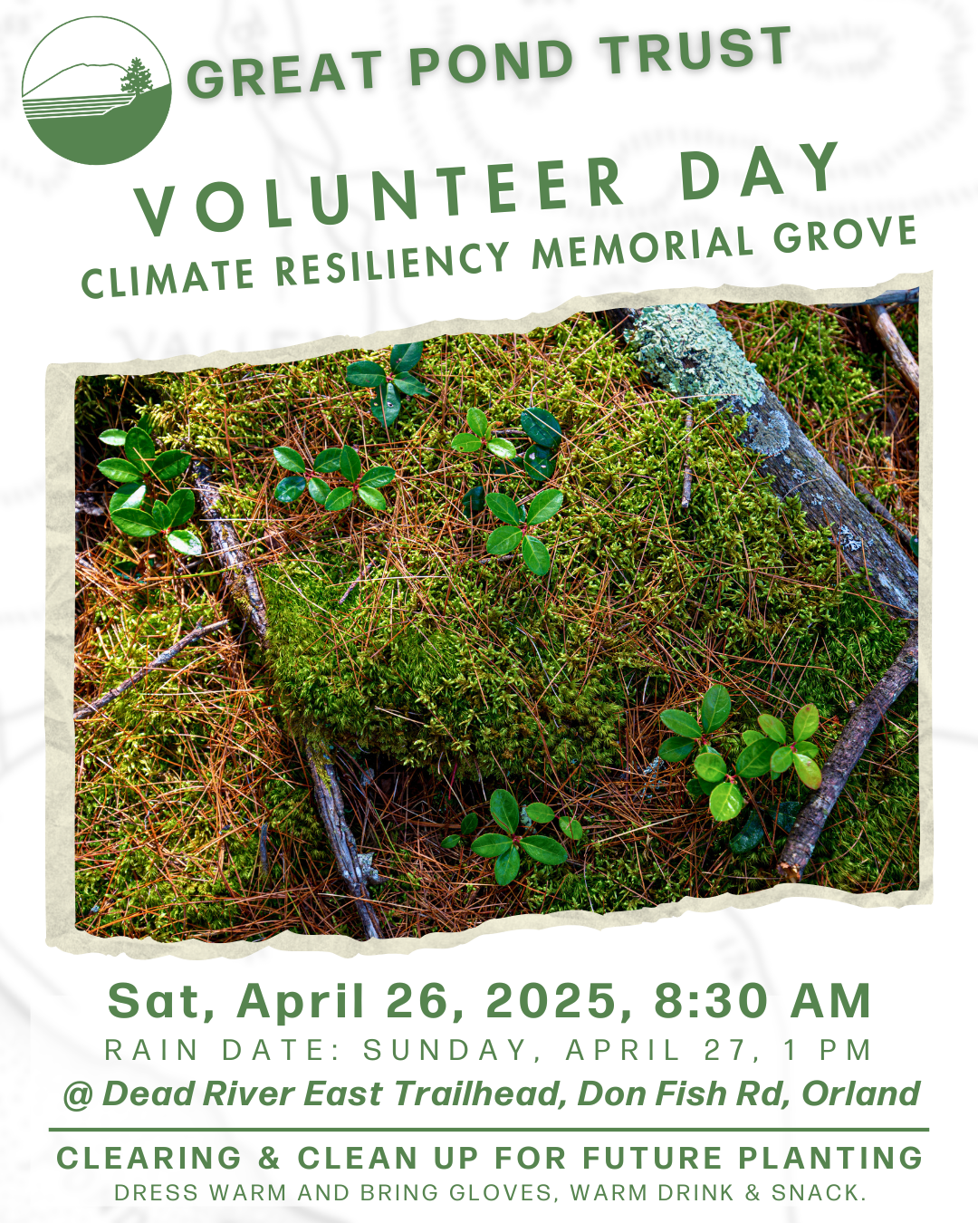April In The Wildlands 4/12 Volunteer Day Climate Resiliency Memorial Grove Dead River Trailhead, Don Fish Rd, Orland 4/13 Meetup: Spring Hike South Trailhead, Acadia Hwy, Orland 4/14 Meetup: Woodcock Walk North Trailhead, Bald Mt Rd, Orland 4/19 Mountain Bike Trail Work Day Dead River Trailhead, Don Fish Rd, Orland